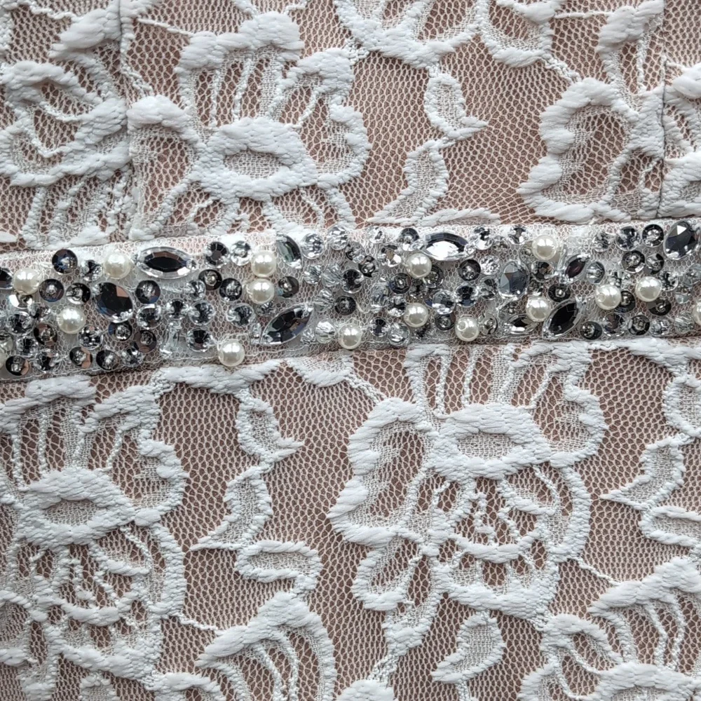 Long Lace Dress with Cutaway Bodice and Slit Skirt - Picture 4 of 14
